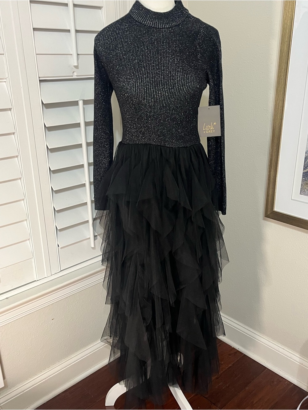 Lulu's Black Sparkle Ribbed Mock Neck Long Sleeve Tulle Ruffle Maxi